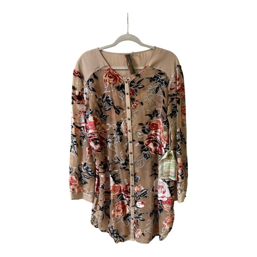 Aratta Silent Journey sheer burn out floral button front blouse sz Large NWT